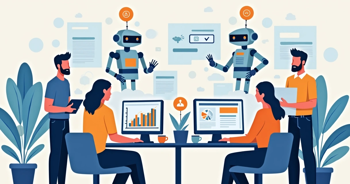 Equipe pequena usando robôs digitais em escritórios modernos 