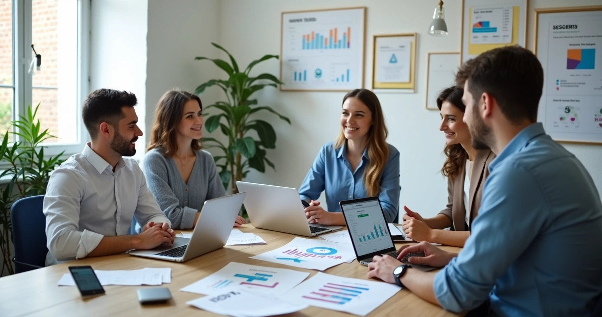 Equipe de pequena empresa conferindo relatórios de recebíveis 