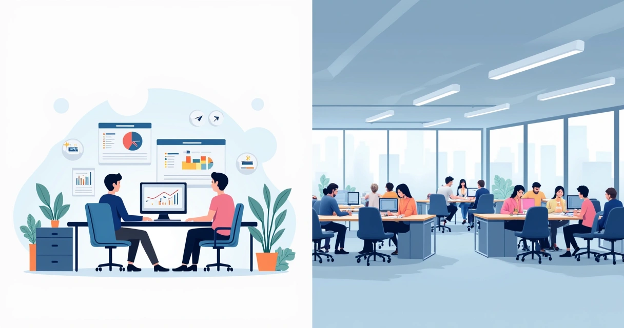 Comparação visual entre escritório pequeno e grande usando CRM em computadores 