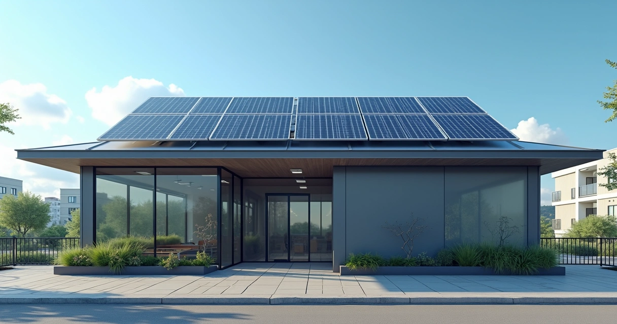 Pequena empresa com painéis solares no telhado, céu azul ao fundo 