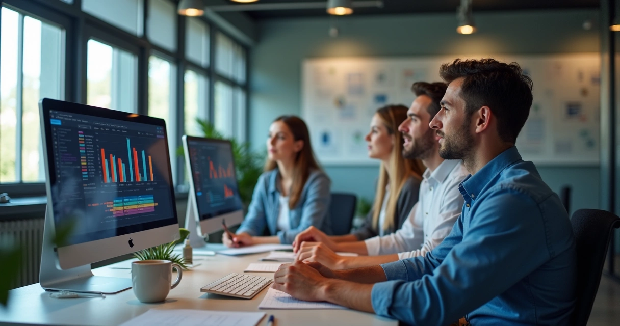 Pequena empresa com equipe usando sistema ERP