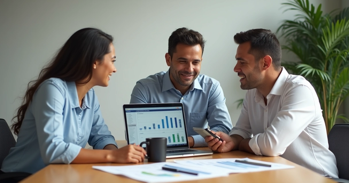 Equipe pequena reunida com notebook gerenciando vendas em sistema de gestão 