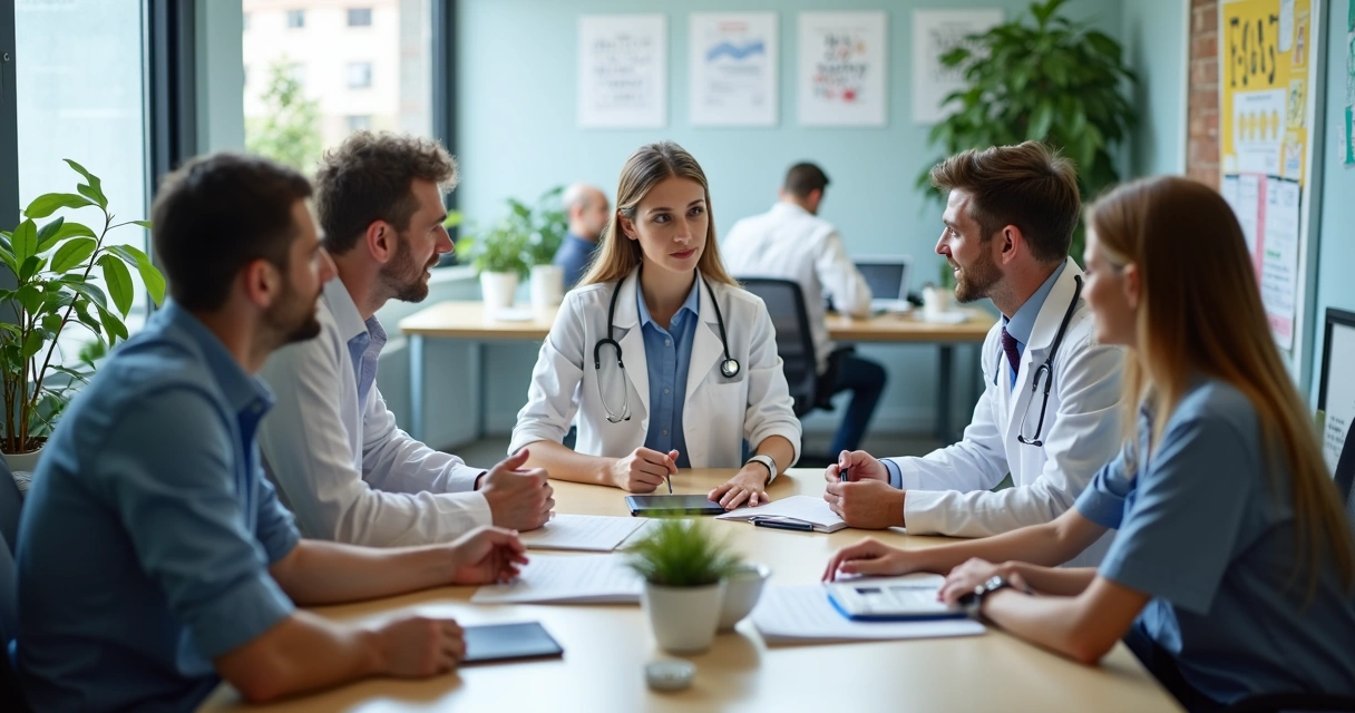 Equipe de pequena empresa realizando exames ocupacionais. 