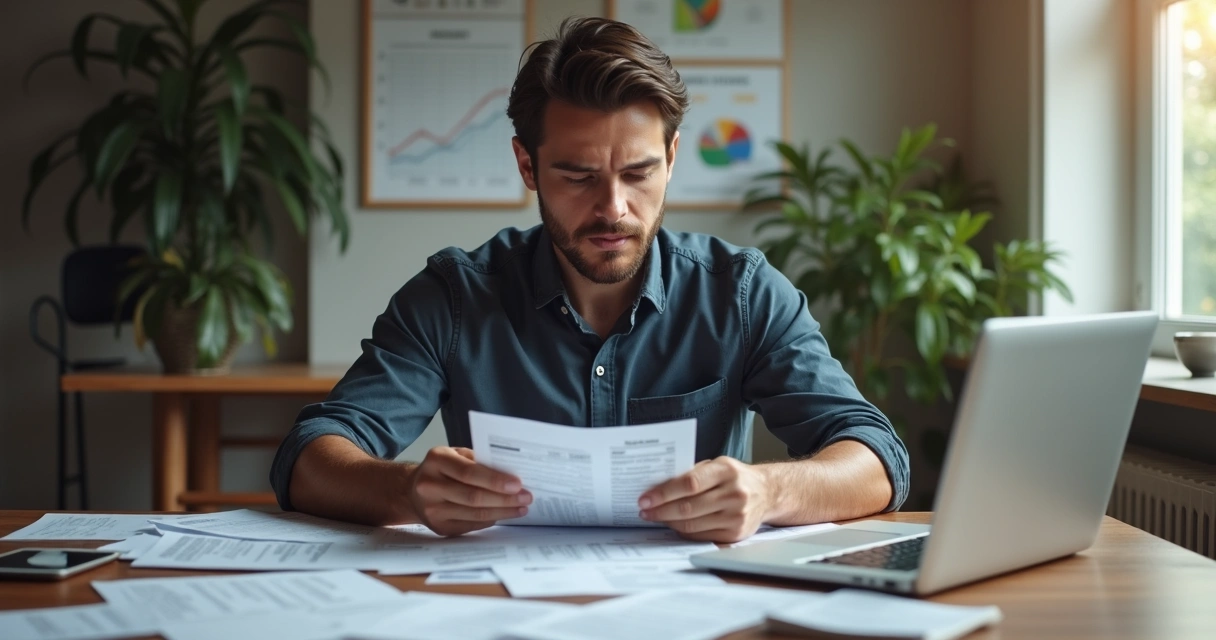 Dono de pequena empresa analisando extratos bancários na frente do computador 