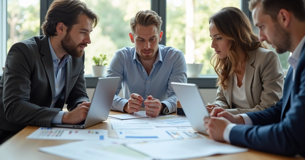 Pequena empresa reunida discutindo documentos de compras