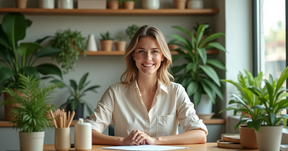 Empreendedora analisando papéis de incentivo à reciclagem na mesa de trabalho