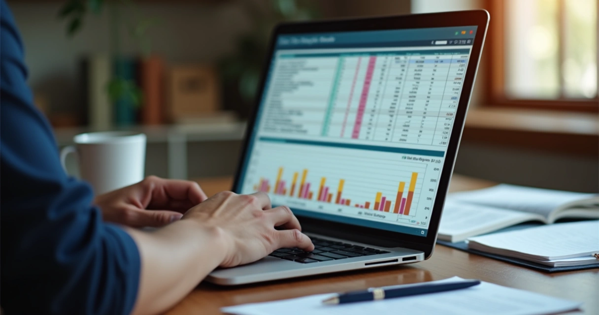 Pessoa usando notebook com planilhas enquanto revisa registros de vendas 