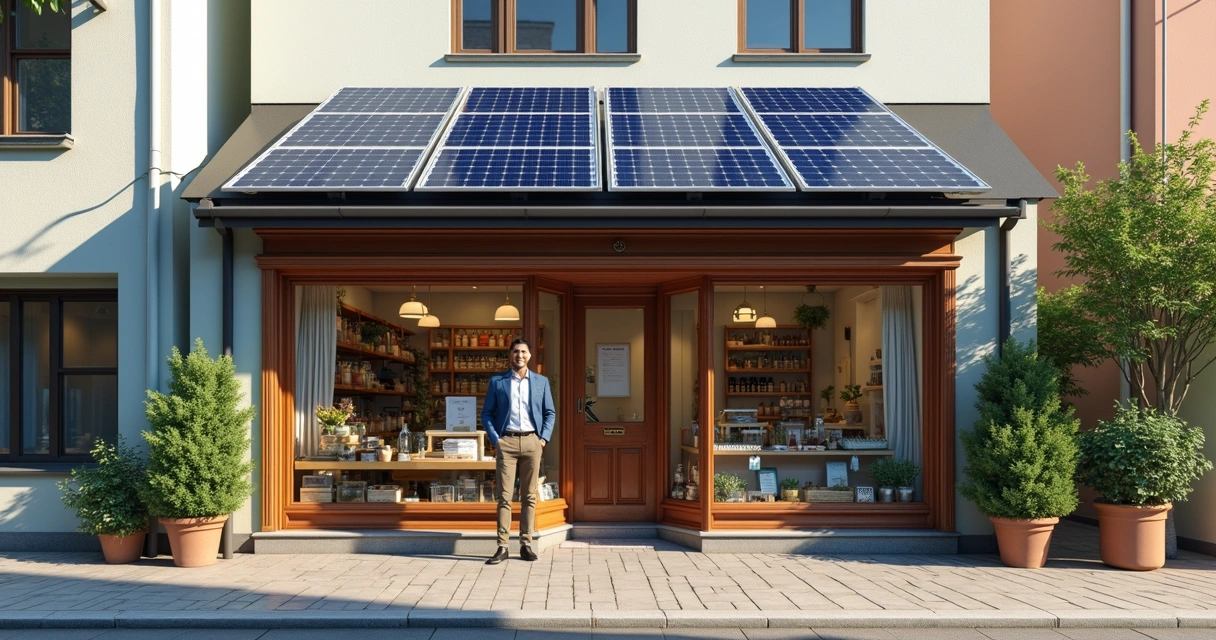 Pequena empresa com painéis solares no telhado 