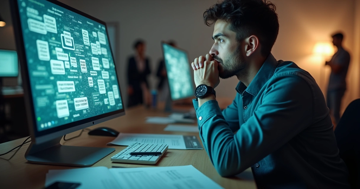 Funcionário estressado olhando tela de computador com mensagens perdidas 