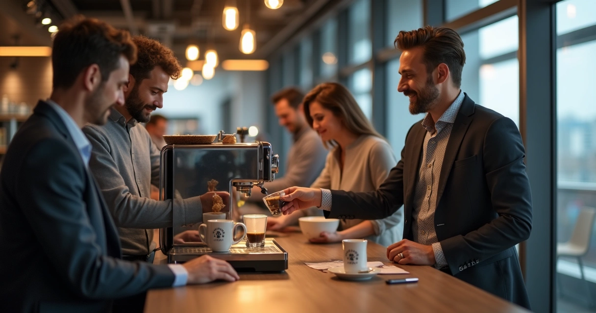 Colaboradores em ambiente corporativo apreciando café 