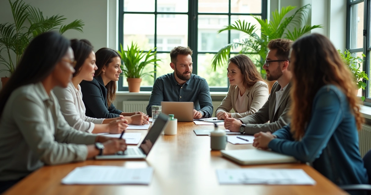 Grupo de pessoas em empresa colaborando em projeto social 