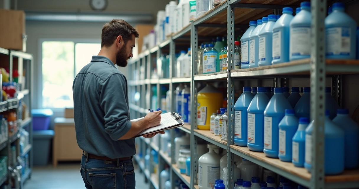 Dono de empresa de piscinas analisando estoque com prateleiras e produtos diversos 