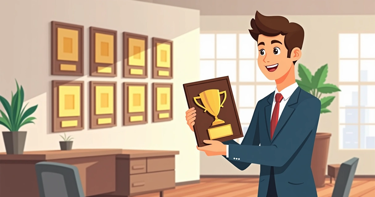Profissional analisando placa comemorativa em empresa confiável 