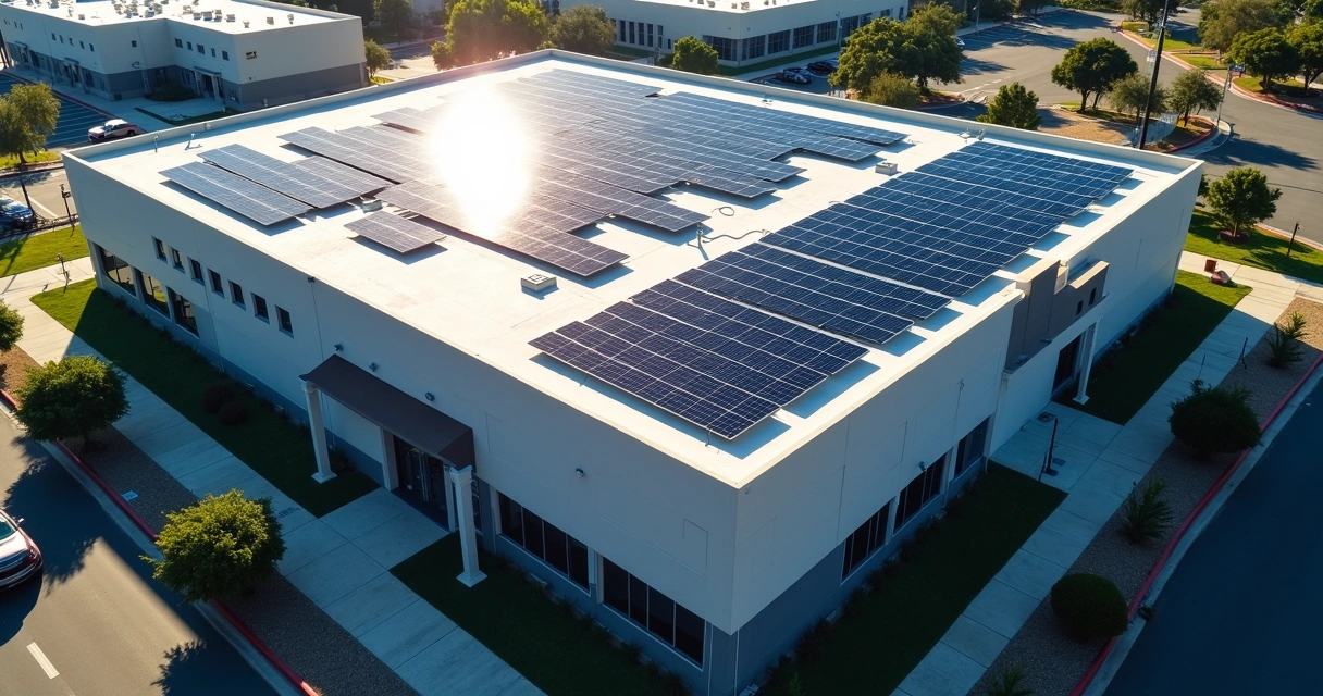 Empresa com painéis solares no telhado urbano 
