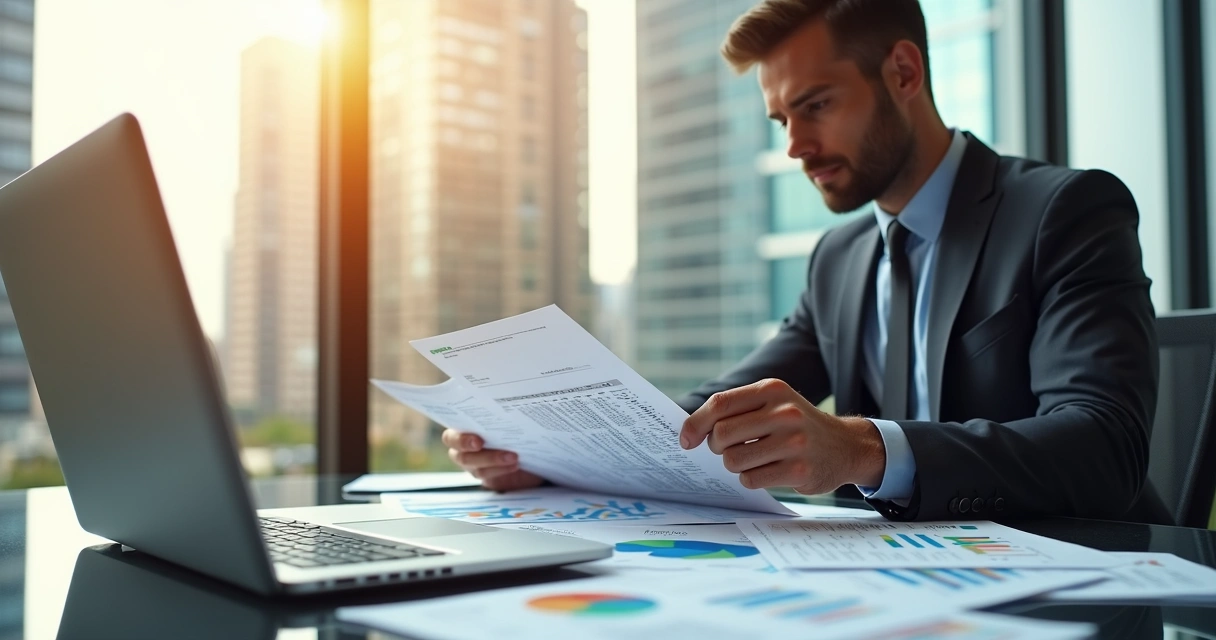 Empresário consultando documentos fiscais com gráficos e cálculos em escritório moderno 