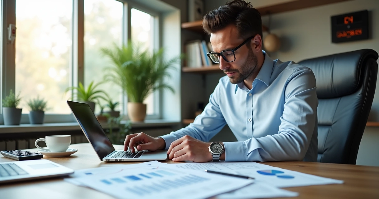 Empresário analisando documentos fiscais e gráficos financeiros em escritório moderno 
