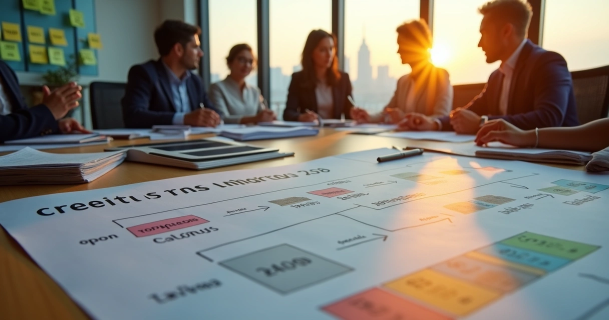 Equipe financeira reunida em mesa grande estudando fluxo de caixa e créditos de impostos 