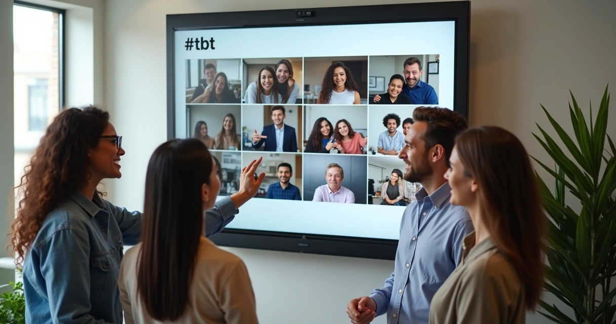 Equipe de uma empresa sorrindo e olhando fotos antigas em uma tela 