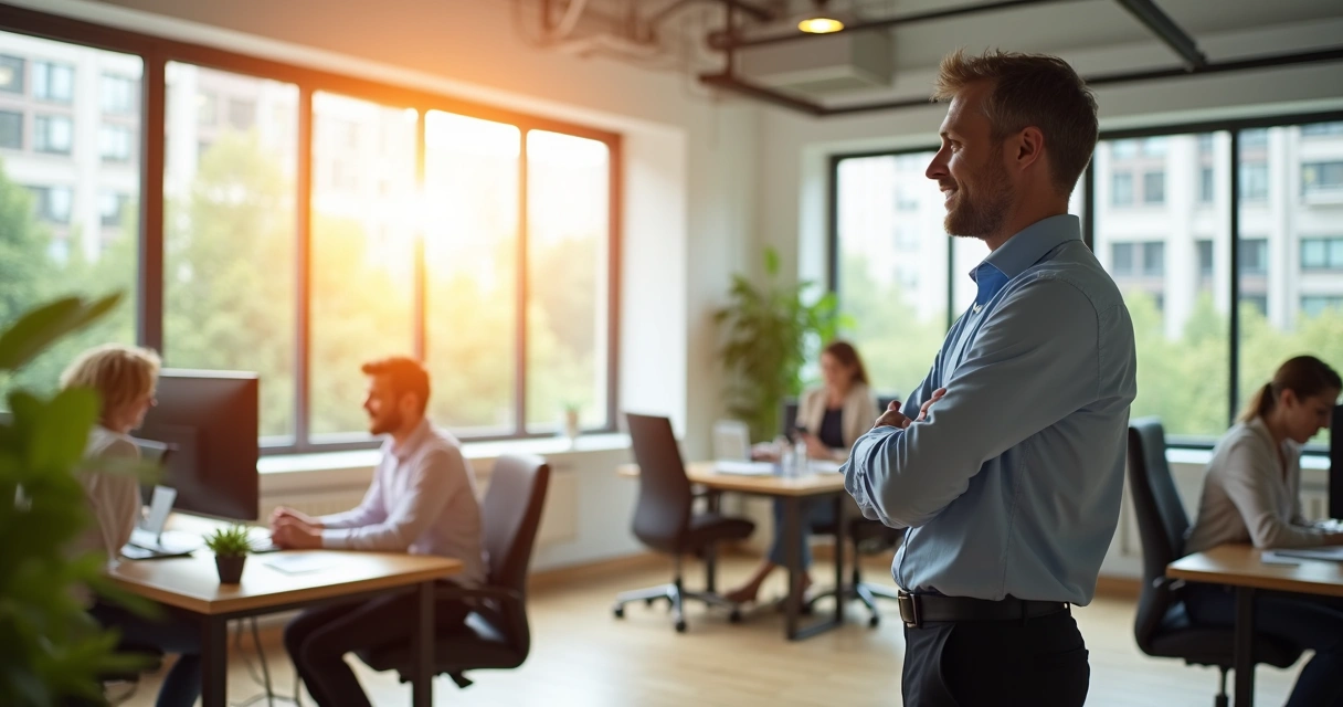 Gestor observa colaboradores em ambiente de trabalho saudável
