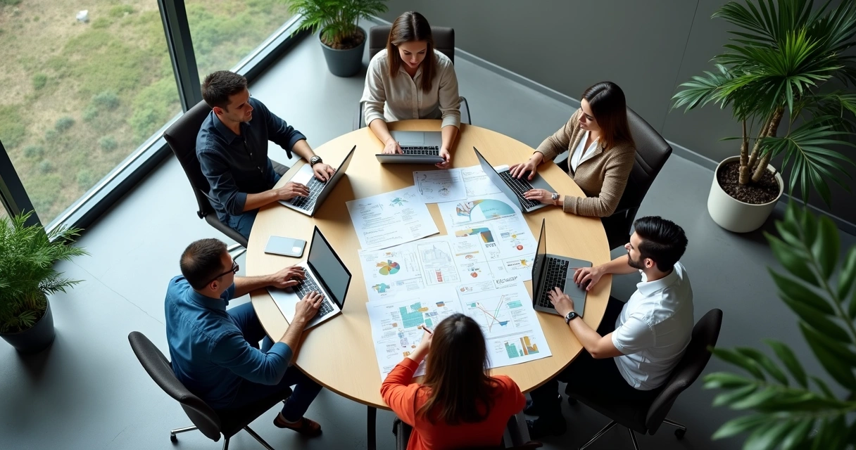 Equipes comerciais reunidas em mesa redonda sobre processos organizacionais e papéis distintos 