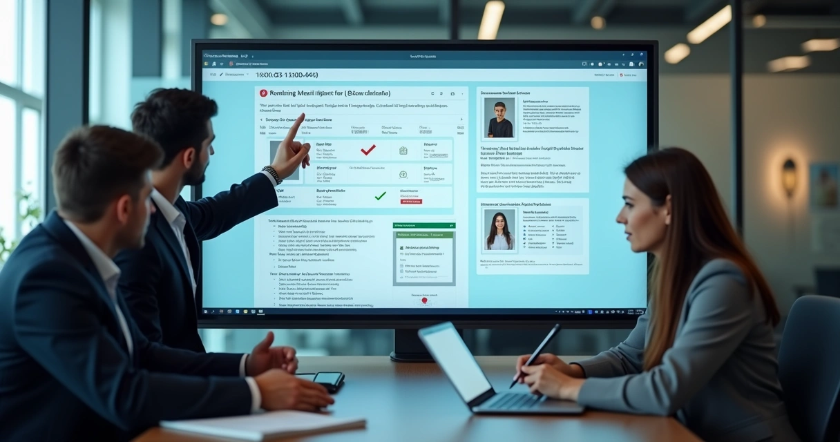 Equipe analisando processo digital de validação cadastral