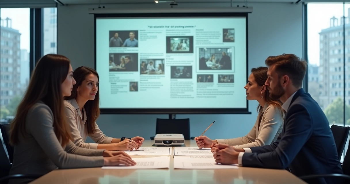 Equipe reunida revisando roteiro de vídeo corporativo em sala de reunião 