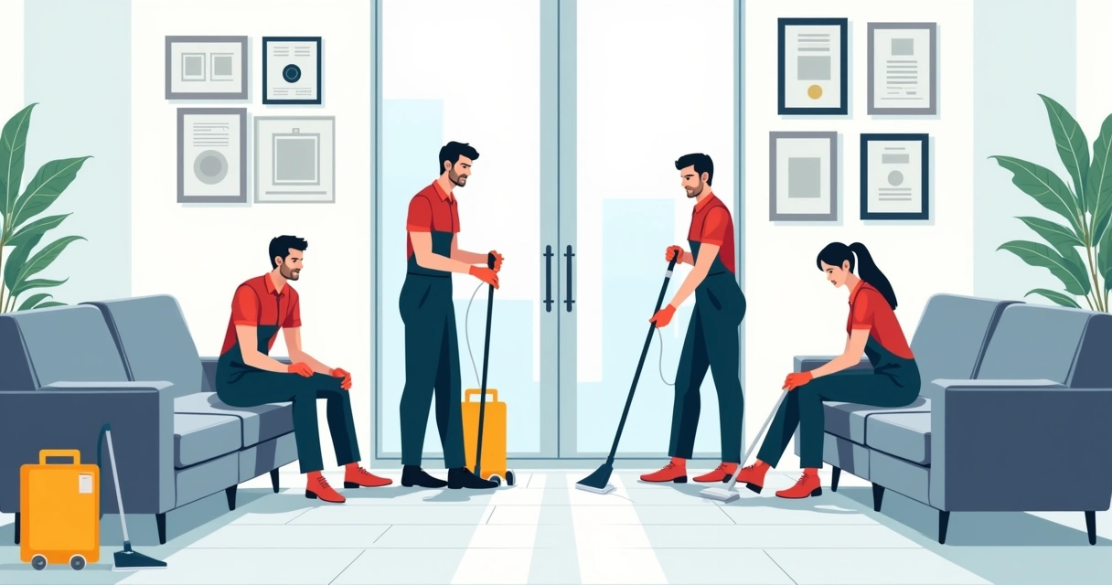 Equipe uniformizada realizando limpeza profissional 