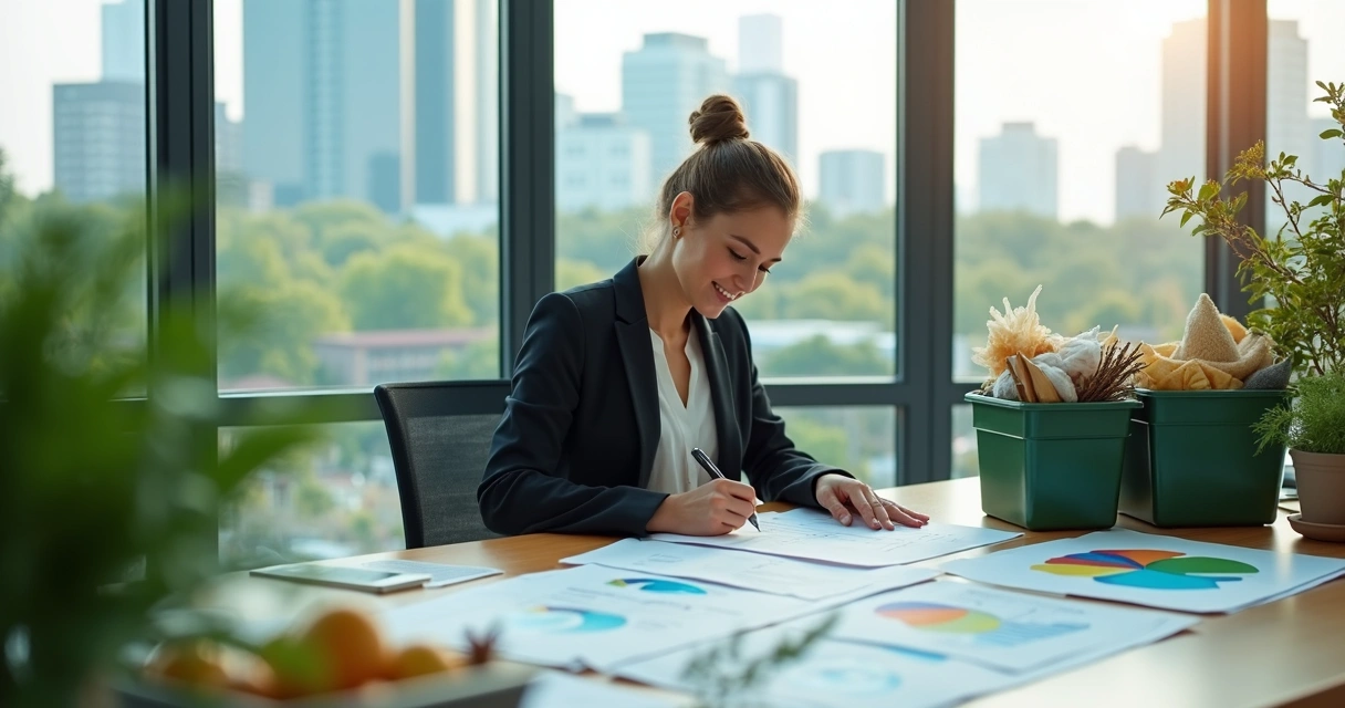 Pessoa em escritório assinando relatório ESG, gráficos e materiais de recicláveis ao fundo