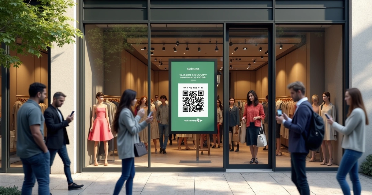 Vitrine de loja com QR code do canal do WhatsApp ao lado de placa de promoção 