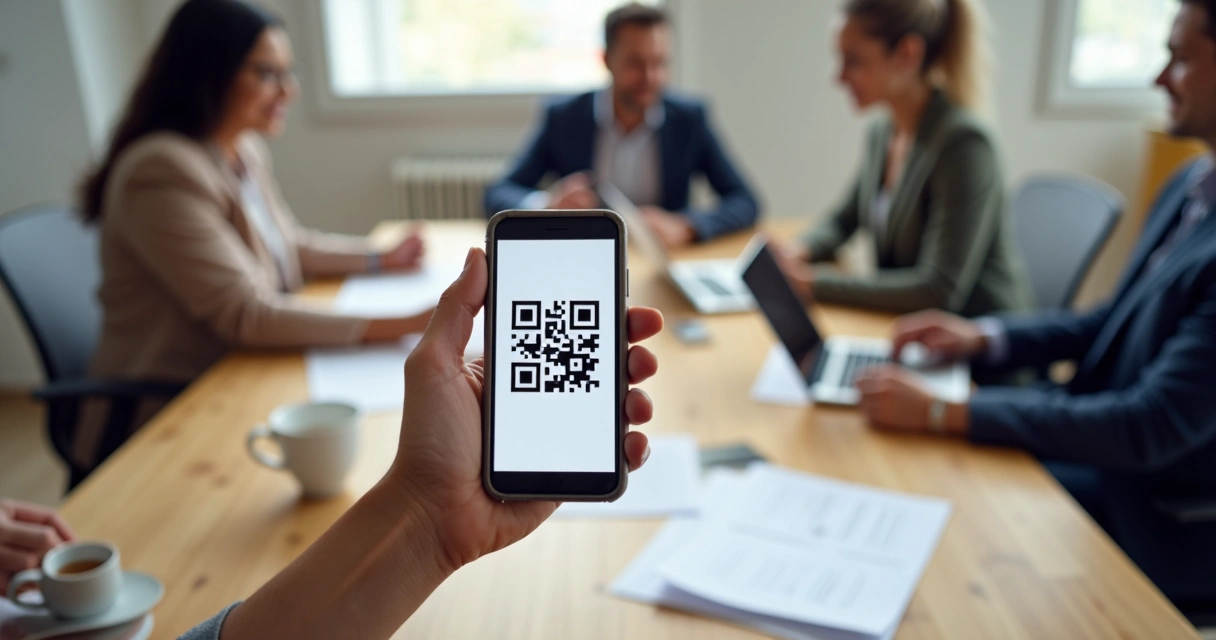 Funcionário de empresa apresentando QR Code para cliente fazer pagamento 