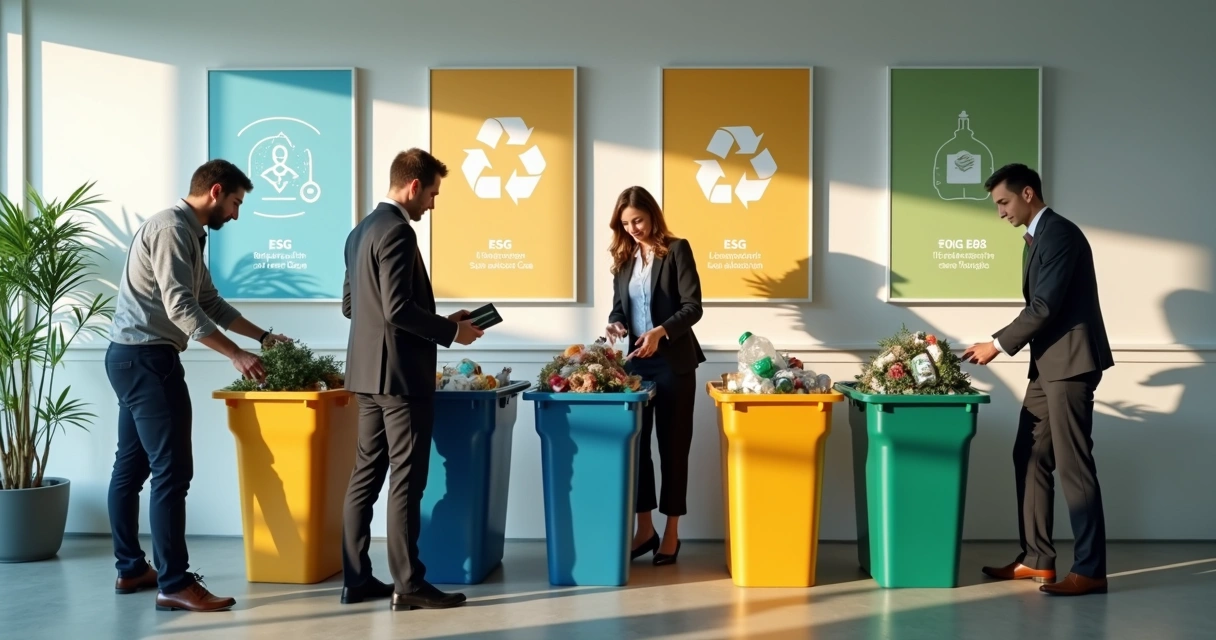 Colaboradores organizando materiais recicláveis na empresa 