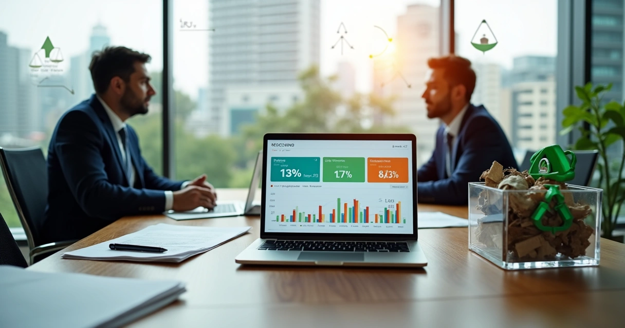 Executivos analisando relatório fiscal ao lado de símbolos de reciclagem e impostos 
