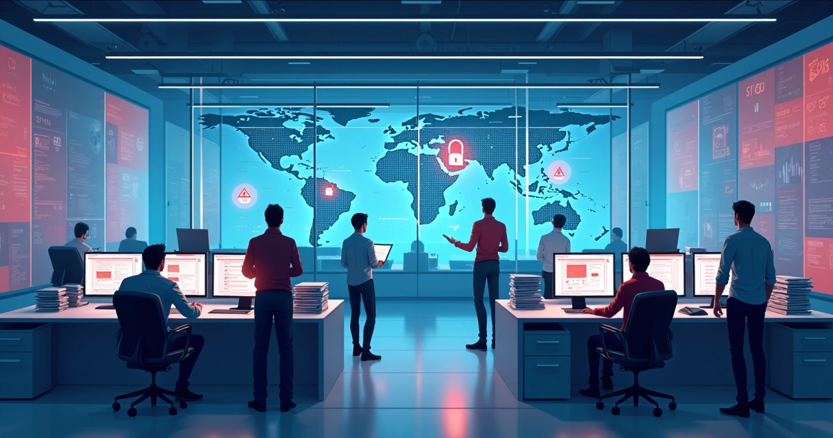 Equipe de TI trabalhando na recuperação de sistemas após ataque cibernético 