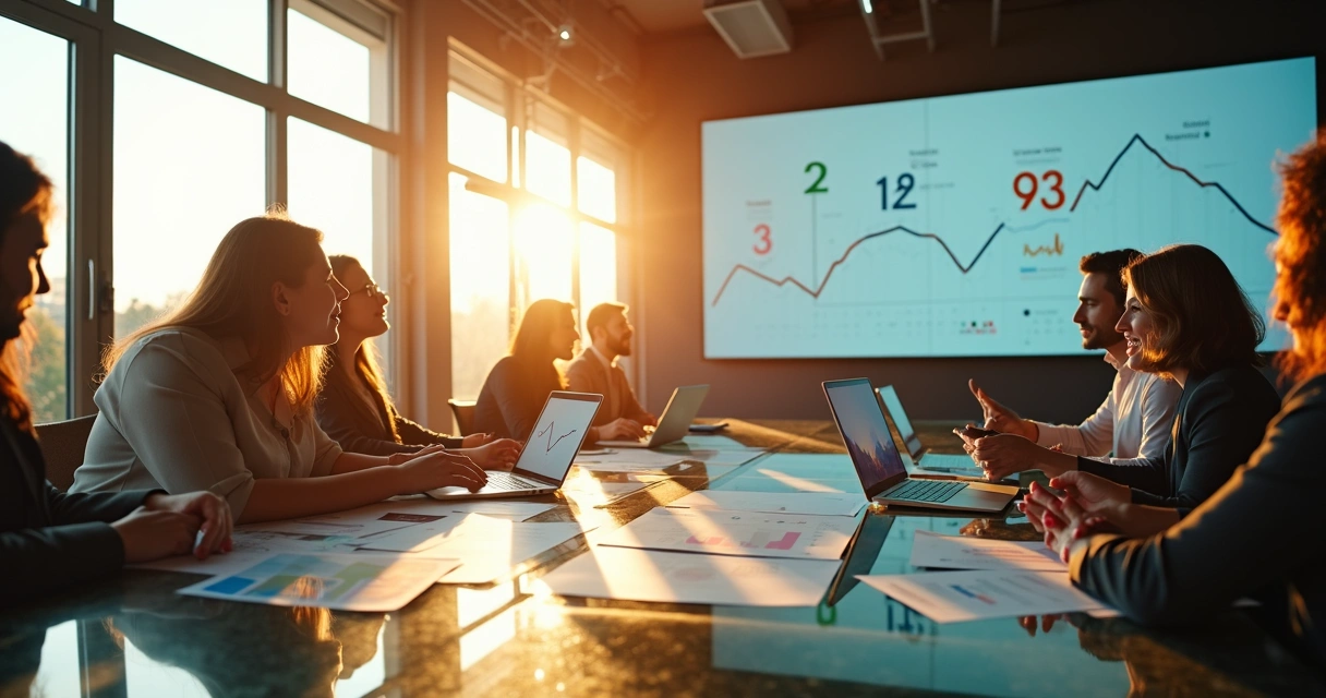 Equipe de funcionários avaliando gráficos de emissões de carbono em sala iluminada 