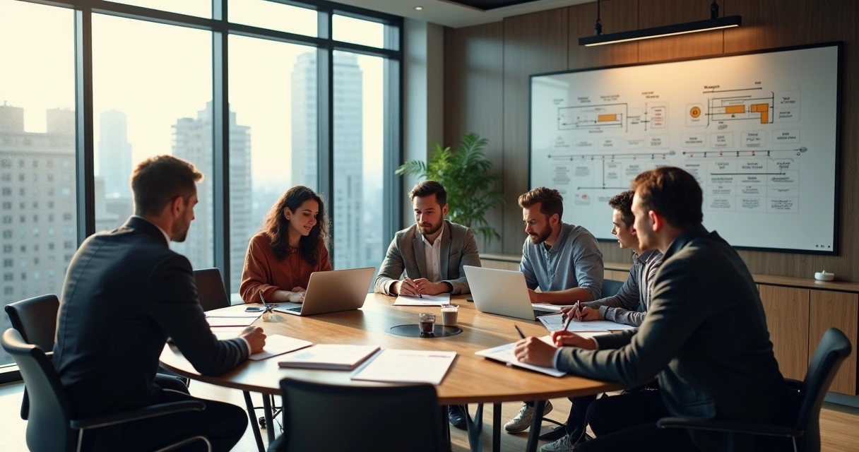 Equipe empresarial reunida para reestruturação de dívidas 
