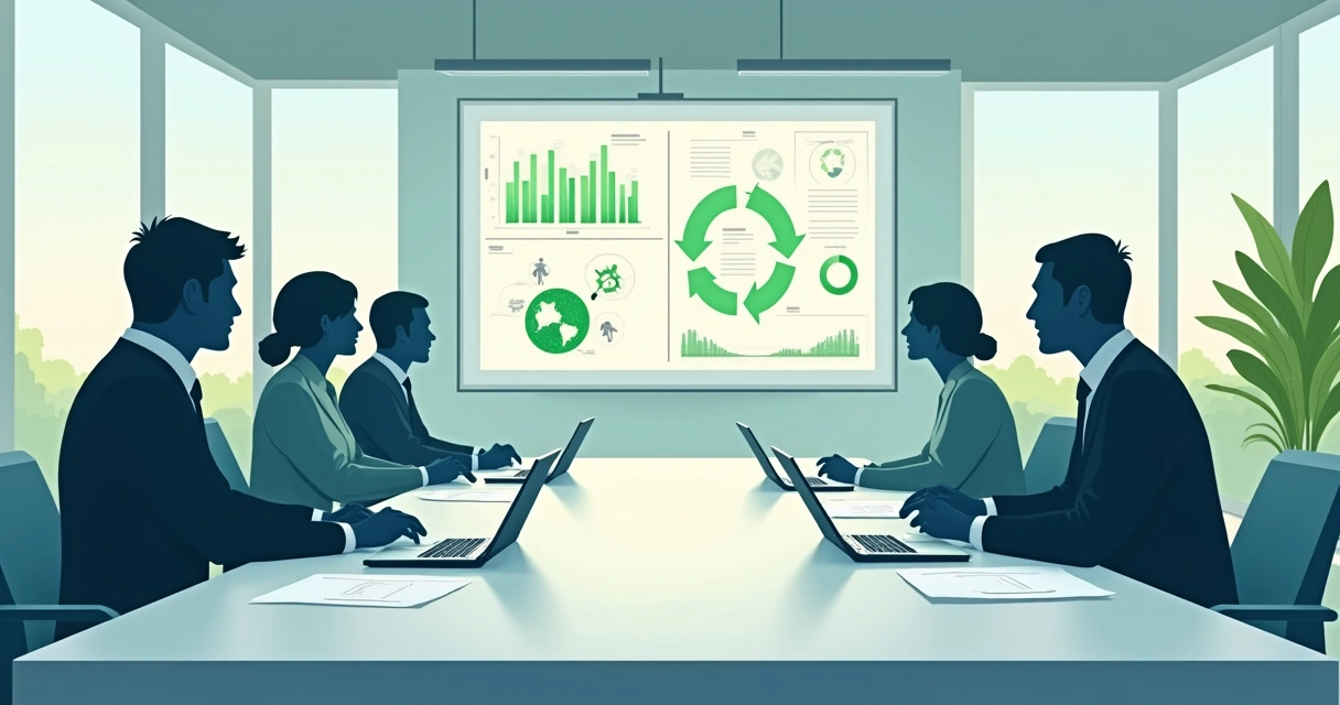 Reunião de gestores em uma sala de empresa analisando relatórios ESG com gráficos de reciclagem e impacto ambiental na tela 