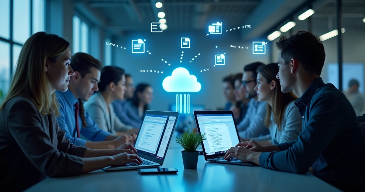 Colaboradores recuperando dados em escritório com notebooks 