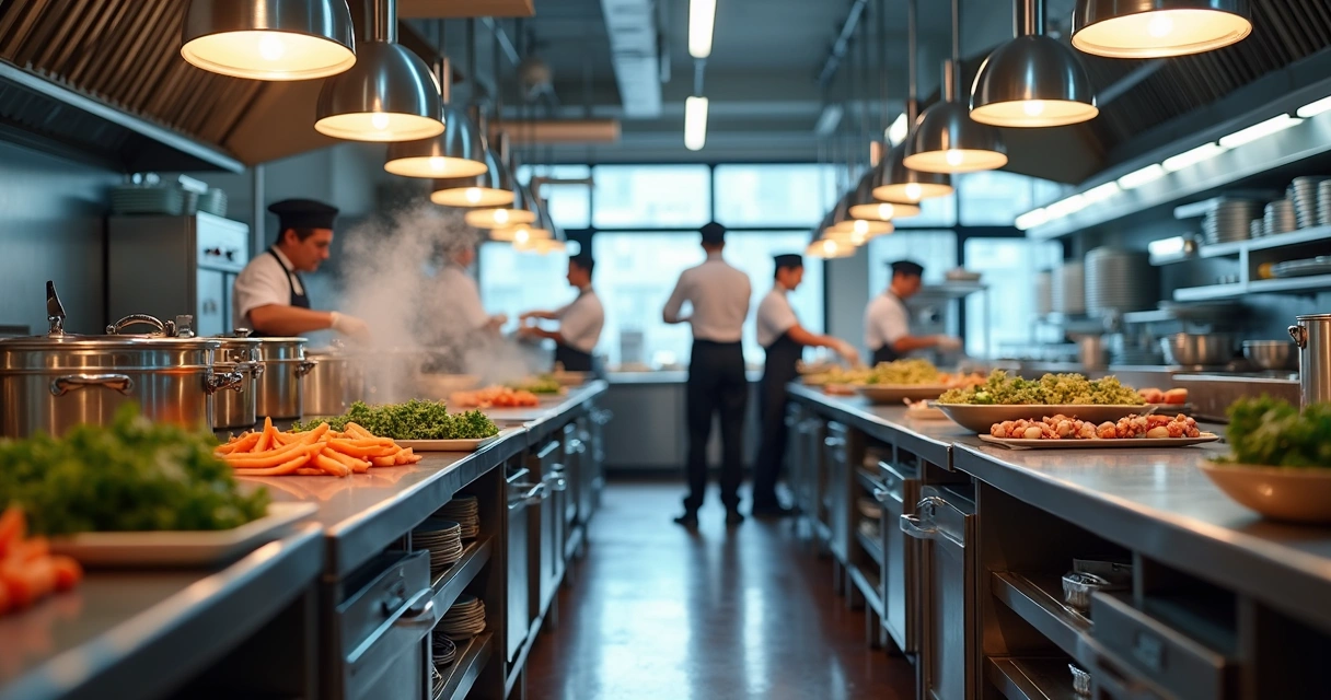Cozinheiros em restaurante preparando alimentos em cozinha profissional, clima movimentado