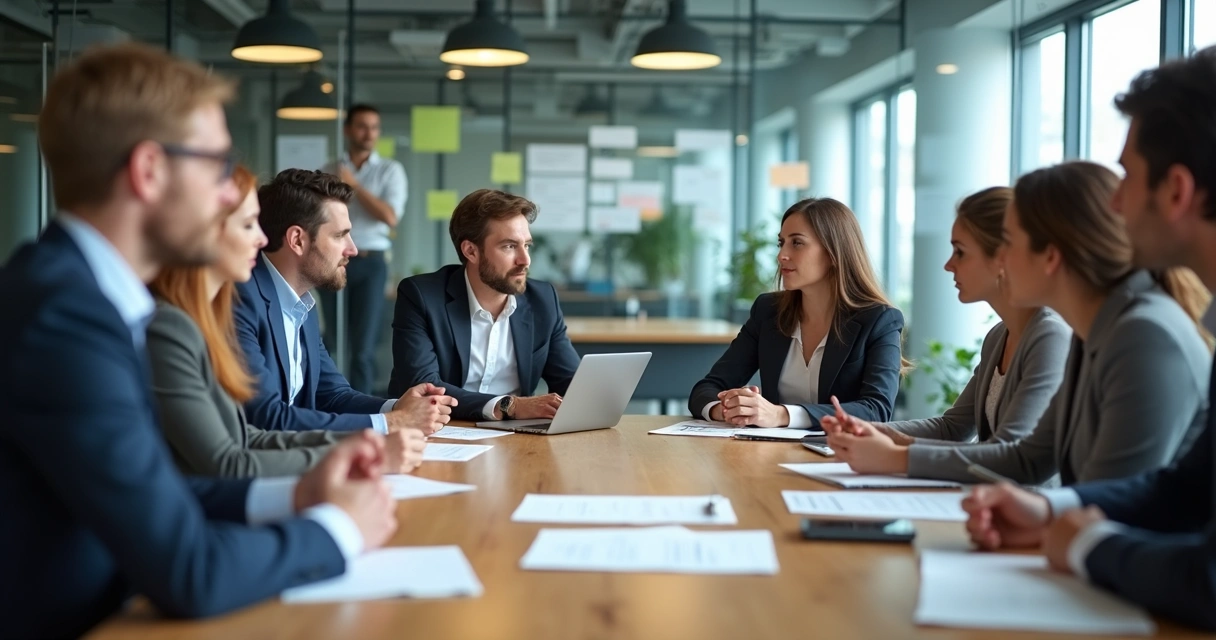 Reunião de colaboradores em sala de reunião corporativa 