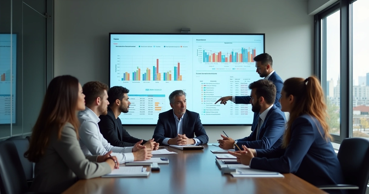 Equipe reunida analisando gráficos fiscais em uma sala de reunião 