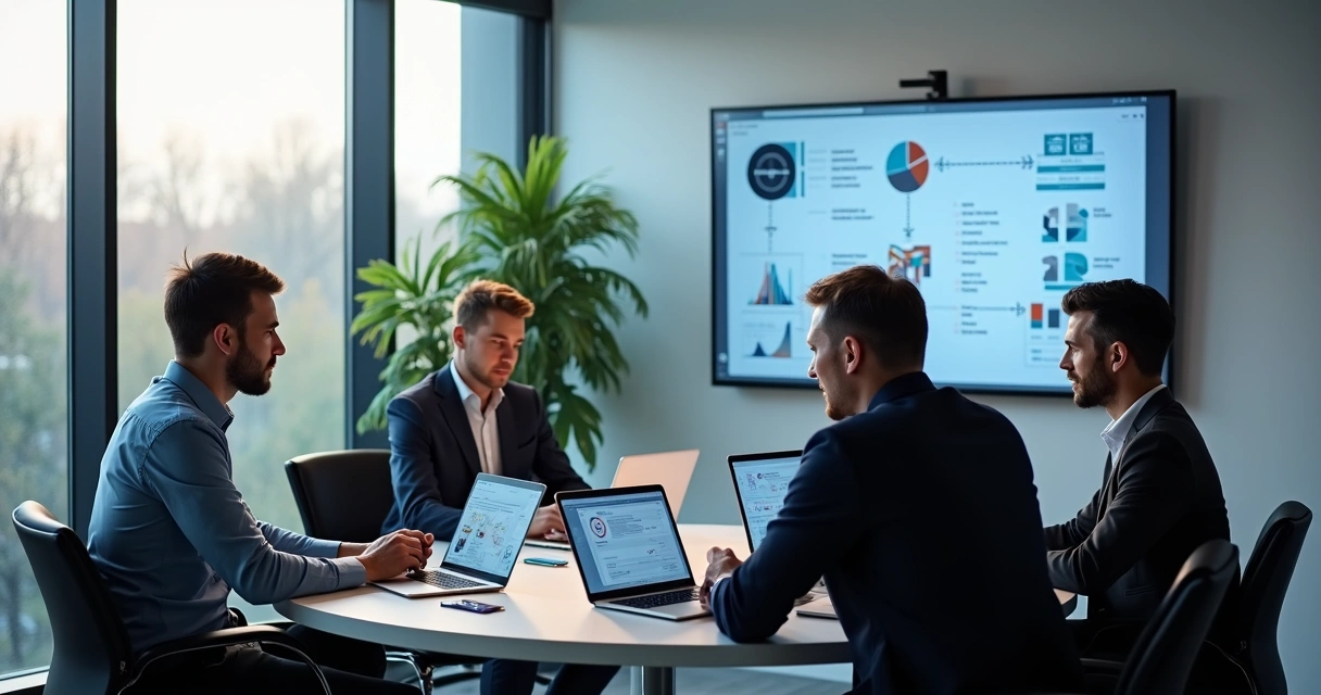 Gestores em reunião analisando integração de diferentes softwares de gestão 