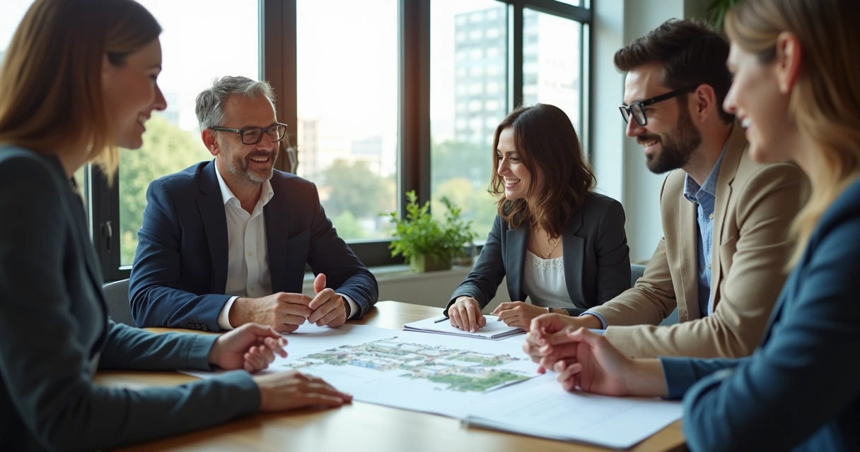 Equipe empresarial reunida com documentos e planta de imóvel sobre a mesa 