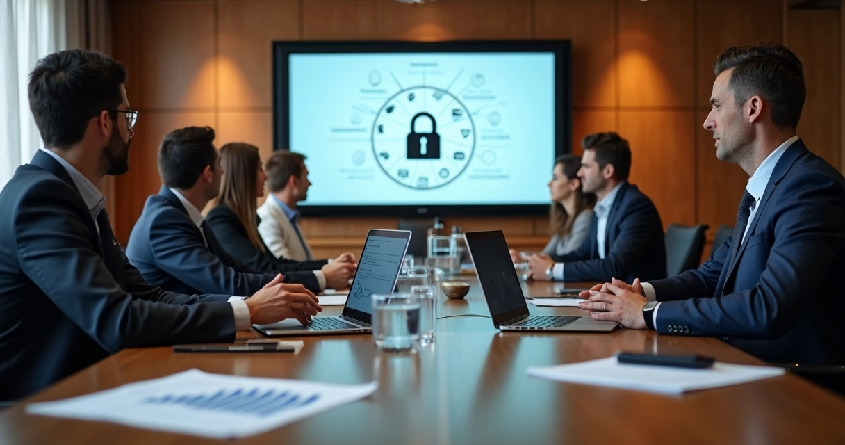 Equipe de empresa discutindo proteção de dados sensíveis em sala de reunião 