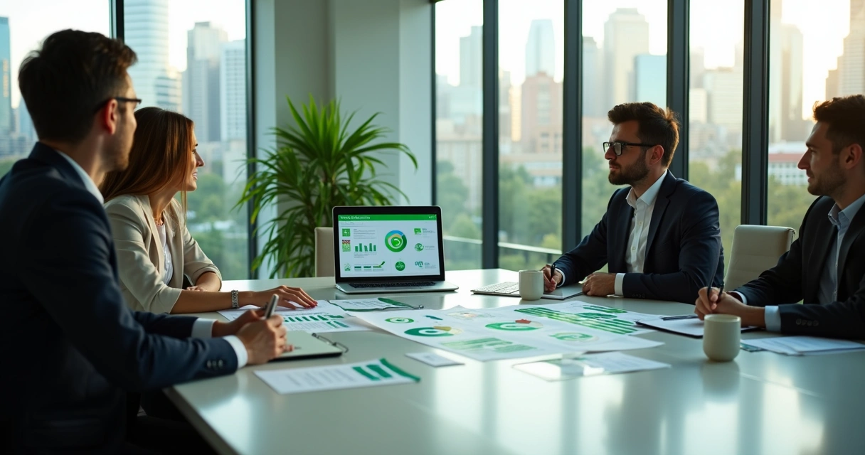 Equipe de empresa discutindo projeto de reciclagem com gráficos e relatórios sobre a mesa