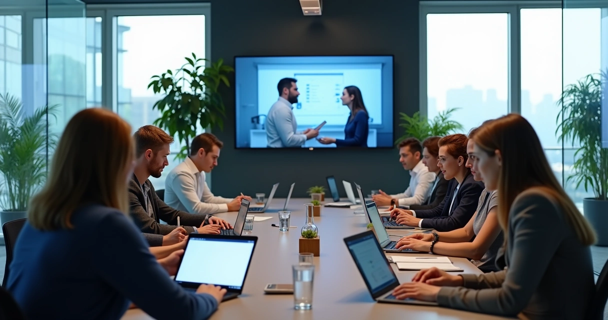 Equipe de colaboradores fazendo treinamento online em uma sala de reunião