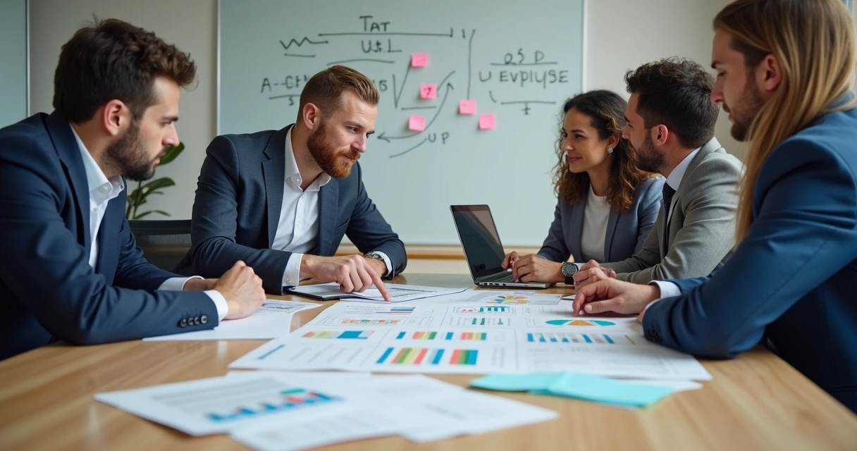 Equipe em reunião analisando relatório fiscal impresso
