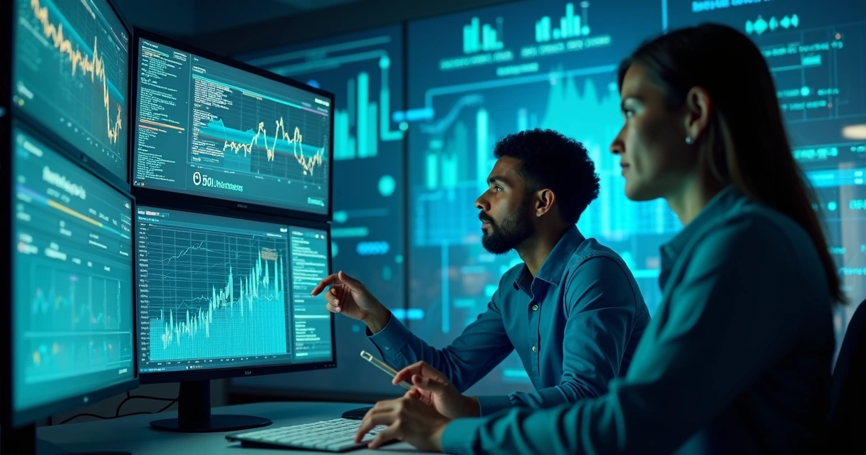 Equipe de profissionais usando computadores modernos com gráficos de dados e conexões de API em fundo tecnológico 