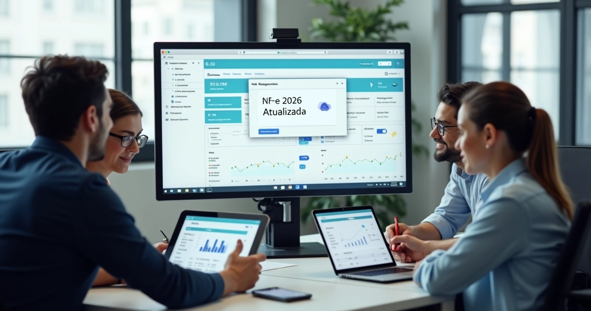Equipe ajustando software de gestão para atualização de nota fiscal eletrônica 