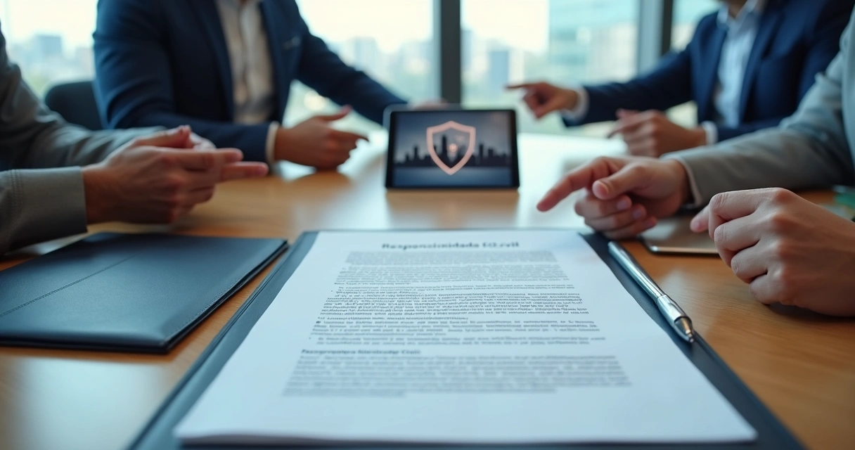 Executivos observam cláusula de contrato com símbolo de proteção jurídica 