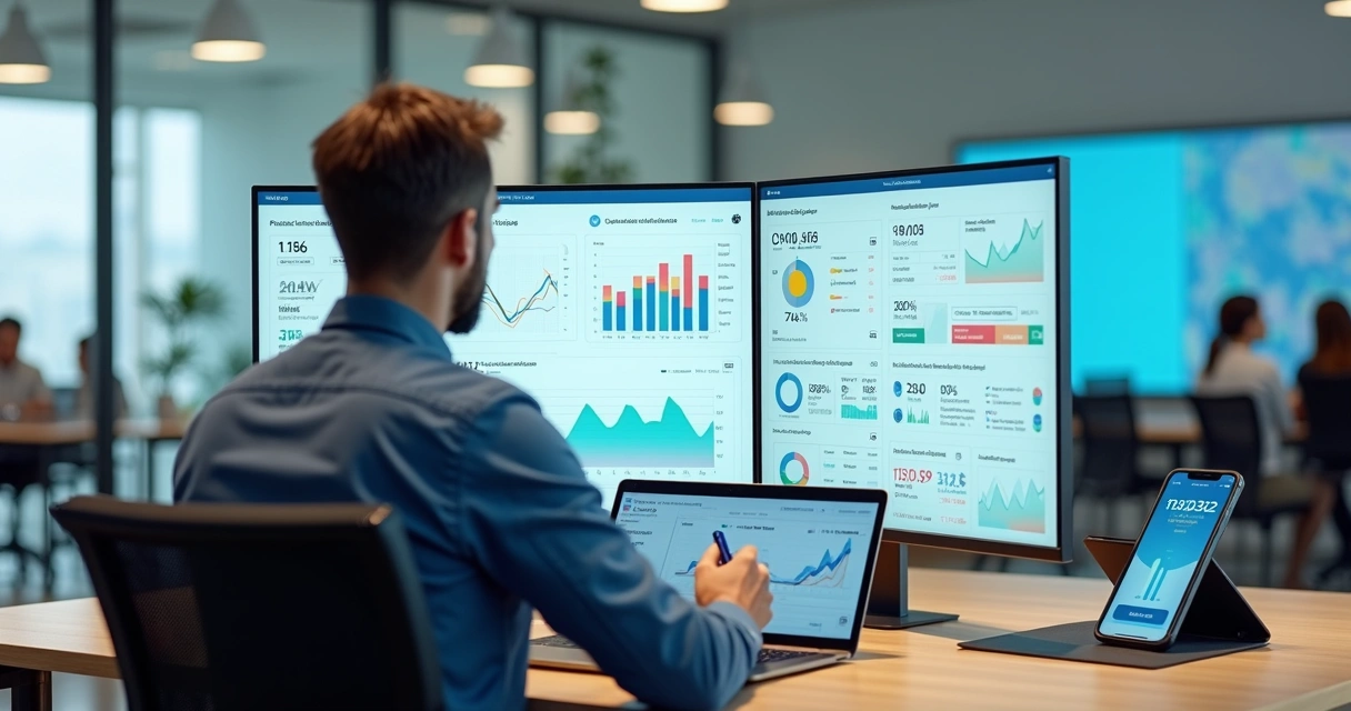 Gestor analisando gráficos de investimentos e fluxo de recebíveis em painel financeiro digital 